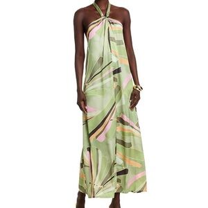 Elan Light Green Halter Maxi Dress with Abstract Multicolor Print